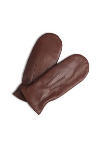 Brown leather oven mitts with a smooth texture, featuring decorative stitch detailing in a three-line pattern along the front.