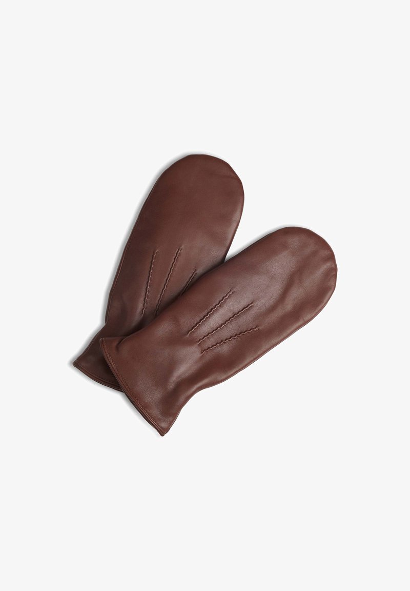 Gants de cuisine en cuir marron avec une texture lisse, ornés de détails de couture décoratifs dans un motif à trois lignes sur le devant.