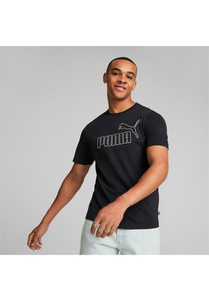 Camiseta de algodón negra con un gran logo blanco de "PUMA" y un gráfico de gato en el pecho, mangas cortas y un diseño de cuello redondo.
