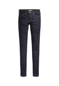 Vaqueros de denim azul oscuro con un corte ajustado, adornados con costuras naranjas, cinco bolsillos y un cierre clásico de botón en la cinturilla.