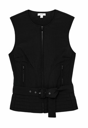 Black sleeveless vest made of textured fabric, featuring a front zipper, two zippered pockets, a belted waist, and vertical stitching details.