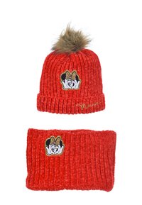 Red ribbed knit hat and matching headband with a faux fur pom-pom, featuring gold-accented Minnie Mouse patches.