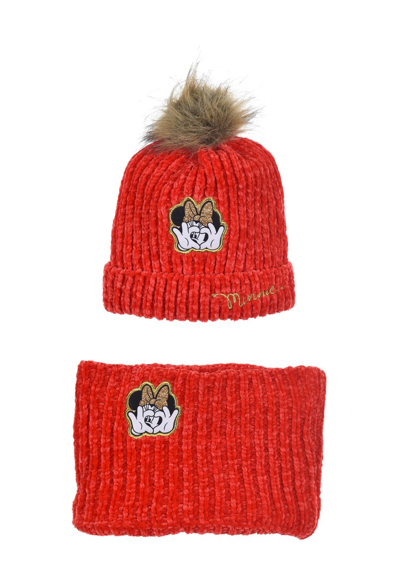 Red ribbed knit hat and matching headband with a faux fur pom-pom, featuring gold-accented Minnie Mouse patches.