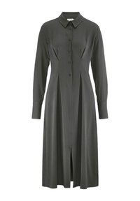 Dunkelgraues Midi-Kleid mit langen Ärmeln, Knopfleiste, spitzem Kragen, tailliertem Schnitt und Schlitzelement vorne.