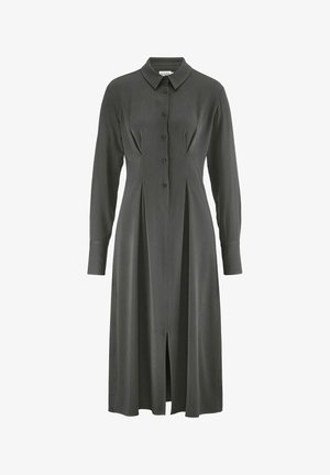 Abito midi grigio scuro a maniche lunghe con apertura frontale a bottoni, collarino appuntito, vita aderente e dettaglio con spacco frontale.