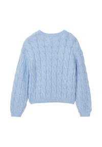 Helleblaues, kabelgestricktes Sweater mit Rundhalsausschnitt, langen Ärmeln und geripptem Saum. Mit strukturierten, erhabenen Mustern überall.