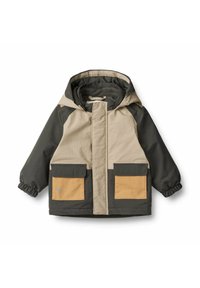 Kapuzejacke mit beigem Vorderteil und dunkelgrünen Ärmeln, ausgestattet mit zwei großen Fronttaschen mit braunen Klappen und elastischen Bündchen.