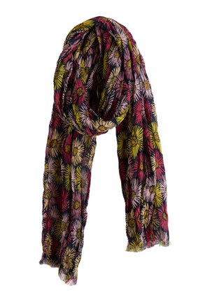 Lahka ruta z živalskim vzorcem v rumeni, roza in rdeči barvi na črnem ozadju, ohlapno zavita z raztrganimi robovi.