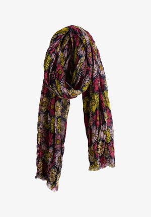 Lichtgewicht sjaal met een bloemmotief in geel, roze en rood op een zwarte achtergrond, losjes gedrapeerd met rafelige randen.