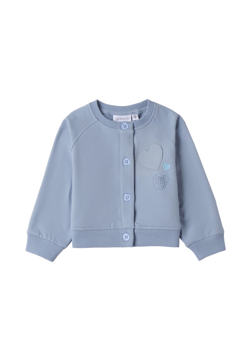 Cardigan in cotone azzurro chiaro con un design cropped, dotato di maniche raglan, chiusura con bottoni e ricamo a forma di cuore con dettagli.