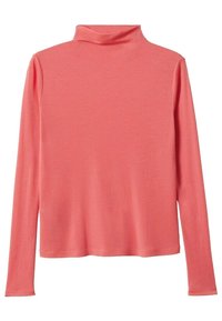 Haut à col roulé à manches longues de couleur rose corail avec une texture lisse et une silhouette ajustée, présenté sur un fond blanc.