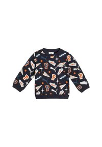 Sudadera navy de manga larga, con un patrón divertido de letras naranjas, zapatillas y logotipos. Fabricada en una suave mezcla de algodón.