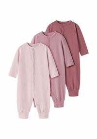 Trzy onesie z długim rękawem, zapinane na guziki, wykonane z miękkiego bawełnianego materiału. Kolory: jasnoróżowy, przybrudzony róż i burgundowy. Rękawy i nogawki zakończone ściągaczami.