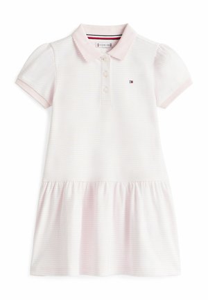 Vestito rosa chiaro per bambina piccola con maniche corte a sbuffo, colletto a costine, abbottonatura, gonna arricciata e piccolo logo ricamato sul petto.
