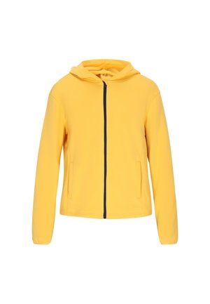Žltá mikina na zips z mäkkého materiálu, s tmavomodrým zipsom, dvoma bočnými vreckami a kapucňou. Jednoduchý dizajn s dlhými rukávmi.
