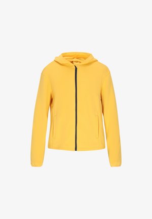 Žltá mikina na zips z mäkkého materiálu, s tmavomodrým zipsom, dvoma bočnými vreckami a kapucňou. Jednoduchý dizajn s dlhými rukávmi.