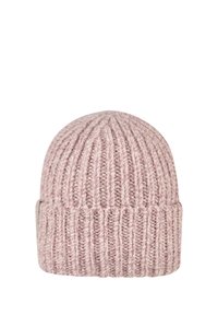 Soft pink and beige knitted beanie with ribbed pattern and folded brim, isolated on a white background.