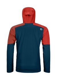 Red and navy waterproof jacket with a hood, featuring long sleeves, contrasting color blocks, and a zippered pocket on the side.