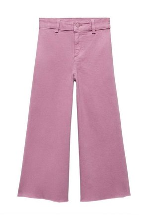 Spodnie o szerokich nogawkach w jasnym lawendowym kolorze, wykonane z miękkiej bawełnianej tkaniny. Posiadają zapięcie na guziki i zamek błyskawiczny, z gładkim wykończeniem i bez widocznych wzorów.