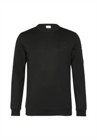 Zwarte sweatshirt met lange mouwen van zacht materiaal. Heeft een tonale logo op de borst en een extra zak op de linkermouw.