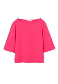 Haut en coton fuchsia, manches larges, encolure dégagée, texture lisse, coupe décontractée. Design minimaliste sans motifs ni accents supplémentaires.