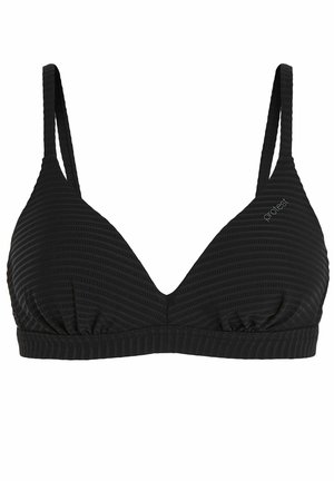 Juodas trikampis bikini viršus su tekstūruota juostele, reguliuojamomis petnešomis ir susiraukiamu detalizavimu apačioje. Prekės ženklas atspausdintas šone.