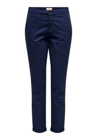 Námořnické modré bavlněné kalhoty s rovnými nohavicemi, s knoflíkovým zapínáním, předními kapsami a ohrnutými manžetami. Hladká textura, ležérní design.