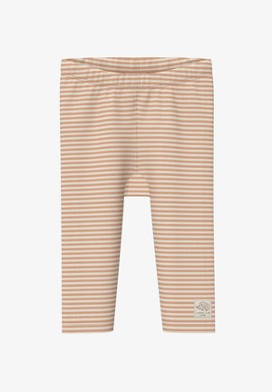 Beige und creme gestreifte Leggings aus einem dehnbaren Baumwollmix, ausgestattet mit einem elastischen Bund und einem kleinen Logo-Tag am Saum.