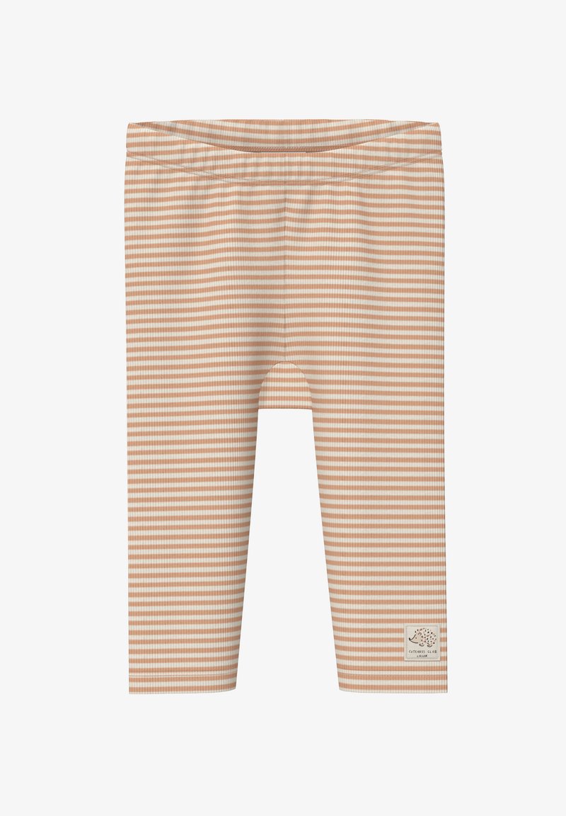 Leggings rayés beige et crème en mélange de coton extensible, dotés d'une taille élastique et d'une petite étiquette logo à l'ourlet.