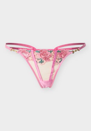 String en satin rose et mesh avec broderie florale et bretelles latérales réglables avec fermoirs dorés sur un fond clair.