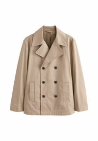 Jachetă bej cu două rânduri de nasturi, rever larg, șase nasturi negri și două buzunare verticale în față, expusă pe un fundal alb.