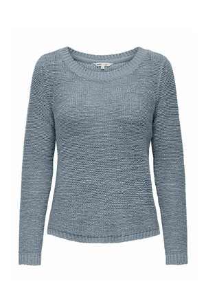 Light blue knitted long-sleeve sweater with round neckline and ribbed cuffs and hem.