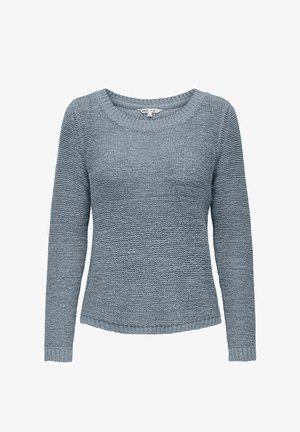 Light blue knitted long-sleeve sweater with round neckline and ribbed cuffs and hem.