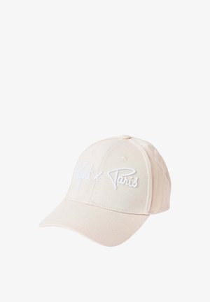 Berretto da baseball beige con visiera curva e testo ricamato bianco "Project X Paris" sulla parte frontale.