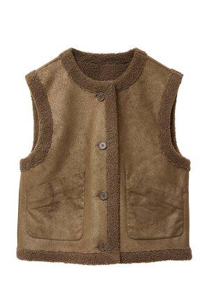 Brown vest with a soft, textured surface and fuzzy trim. Features five buttons and two front pockets. Material has a slight sheen.