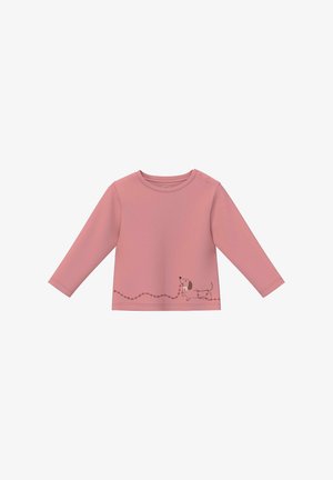 T-shirt à manches longues rose pour tout-petit avec col rond et motif de chien marchant avec une laisse le long de l'ourlet.
