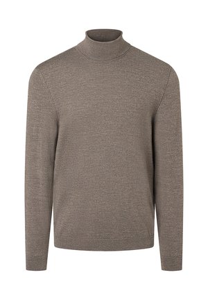 Bruine coltrui gemaakt van gewoven textiel. Heeft lange mouwen en een aansluitende kraag. Eenvoudig ontwerp zonder patronen of accenten.