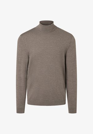 Brown turtleneck sweater made of textured knit fabric. Features long sleeves and a fitted collar. Simple design without patterns or accents.