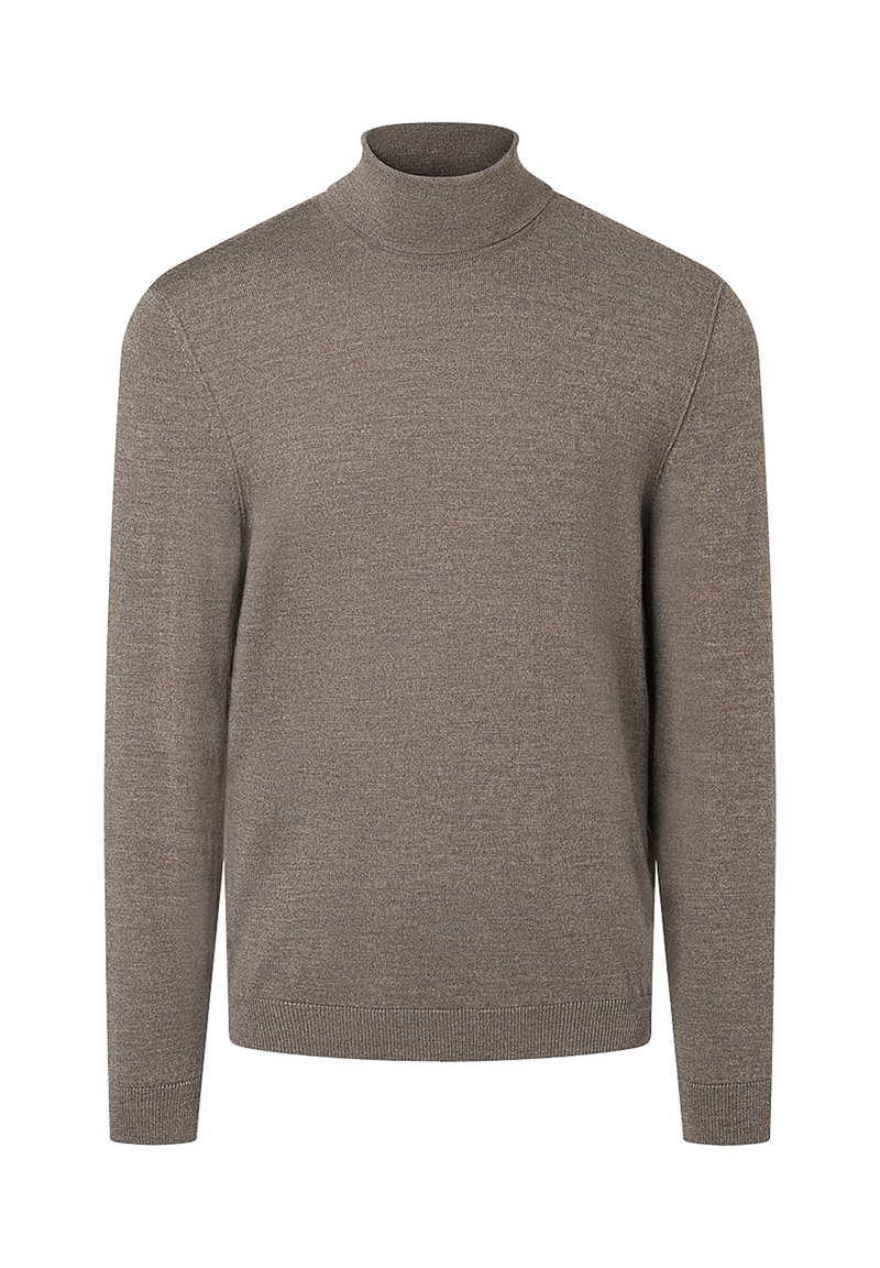 Hnědý rolák vyrobený z texturované pleteniny. Má dlouhé rukávy a těsný límec. Jednoduchý design bez vzorů nebo akcentů.