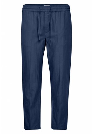 Dunkelblaue Leinenhose mit entspannter Passform, elastischem Bund und Kordelzugdetails. Glatte Textur und gerade Beine.