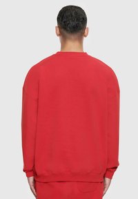 Roter Sweatshirt mit lockerer Passform, rundem Halsausschnitt und langen Ärmeln. Aus weichem Stoff, mit gerippten Bündchen und Saum. Rückansicht.