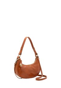 Borsa a spalla in pelle marrone chiaro con forma rotonda, tracolla regolabile, chiusura con zip e dettagli in hardware dorato. Texture liscia con un leggero lucido.