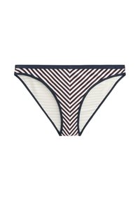 Sötétkék, fehér és bordó csíkos bikini alsó. Chevron mintával, sima textúrával és elasztikus derékrésszel.