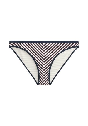 Sötétkék, fehér és bordó csíkos bikini alsó. Chevron mintával, sima textúrával és elasztikus derékrésszel.