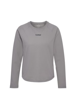 Grå langærmet tekstureret crewneck-shirt med afrundet kant og lille centreret hummel-logo på brystet.