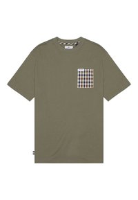 T-shirt in cotone verde oliva con maniche corte, con un design della tasca a quadri nei colori marrone, beige e blu navy. Logo discreto sulla tasca.