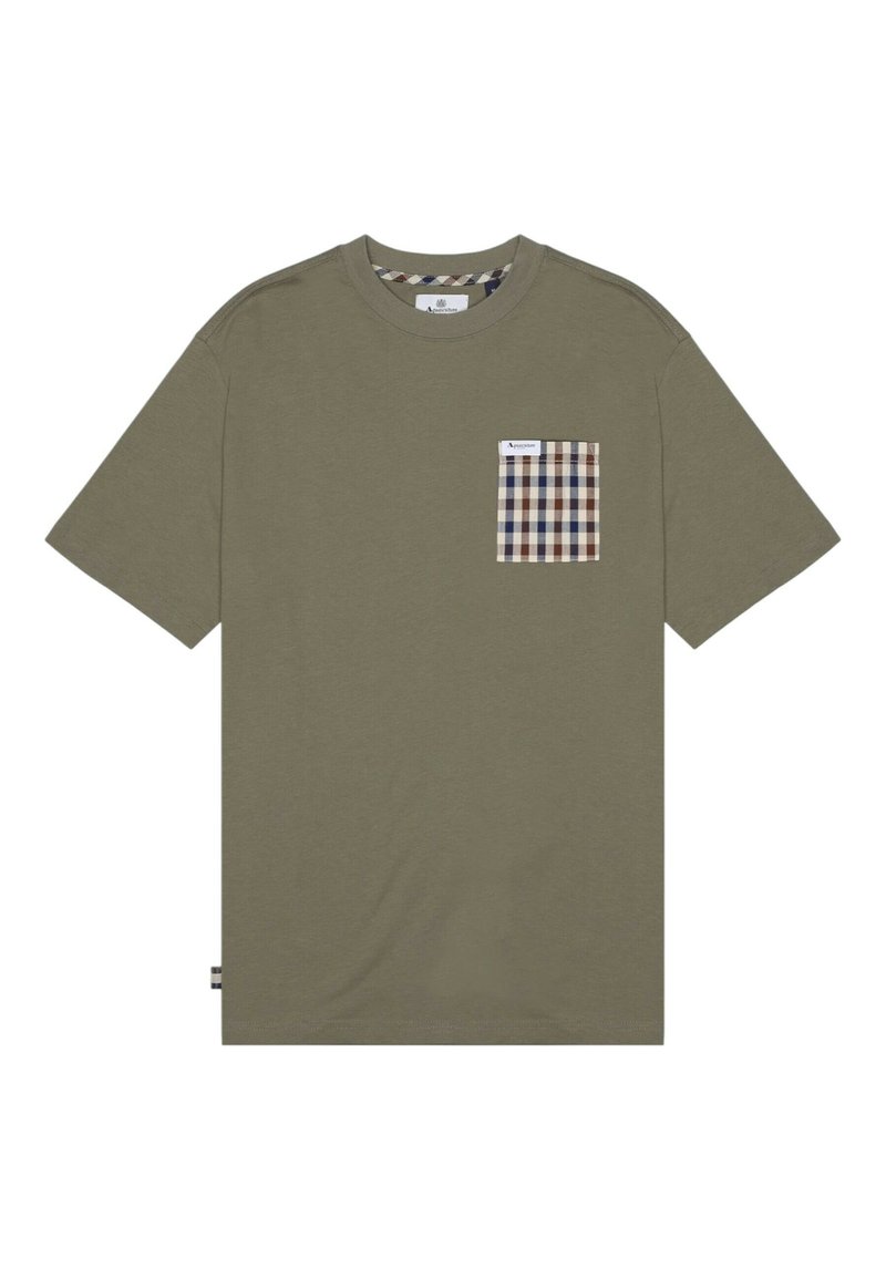 T-shirt in cotone verde oliva con maniche corte, con un design della tasca a quadri nei colori marrone, beige e blu navy. Logo discreto sulla tasca.