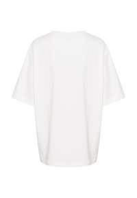 T-shirt bianca, oversize, con maniche corte, colletto rotondo e una texture in cotone morbida. Il design presenta una vista posteriore semplice e pulita.