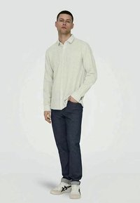 Chemise à manches longues rayée en vert clair et blanc, assortie à un jean bleu foncé et des baskets blanches avec des accents noirs. Le mannequin se tient de manière décontractée.
