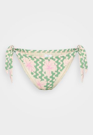 Zöld és krémszínű bikini alsó, rózsaszín virágmintával, hullámos dizájnnal és megkötős oldali részletekkel. Puha anyagból készült, állítható méretű.